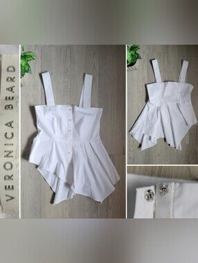 Veronica Beard Aleali Peplum Asymmetric Sleeveless Button-down White Blouse, 0